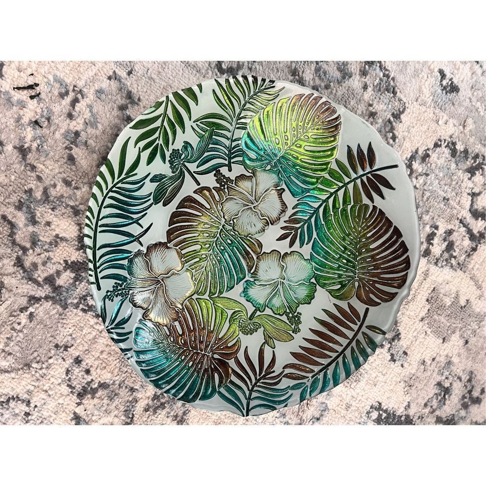 Embossed Tropical Patterned Decorative Dinner Plate Multicolored Metallic NWOT